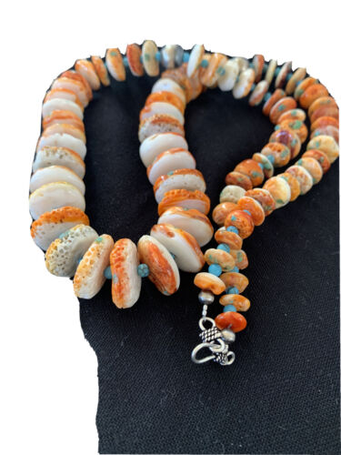 Authentic Navajo Orange Spiny Oyster & Turquoise Necklace | Sterling Silver | 28" | Native American Jewelry