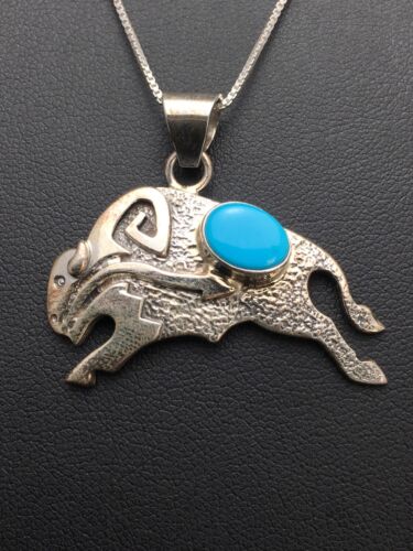 Navajo Buffalo Turquoise Pendant 1.25" | Sterling Silver | Native American Handmade | 20" | 3024