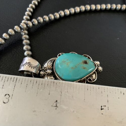 Men's Navajo Pearls Necklace with Blue Turquoise Pendant | Sterling Silver | Authentic Native American Handmade | 11137