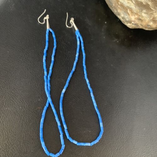 Handmade Silver Heishi Beads Blue Denim Lapis Earrings | Sterling Silver | 5" | 13505