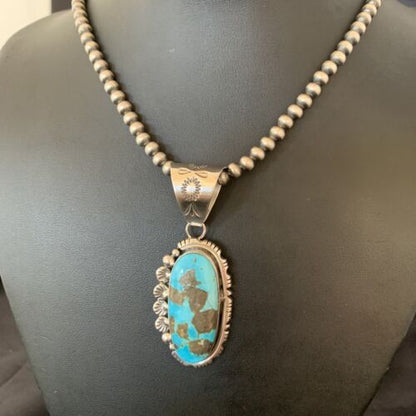 Navajo Pearls Necklace with Blue Kingman Turquoise Pendant | Sterling Silver | Authentic Native American Handmade | 10766