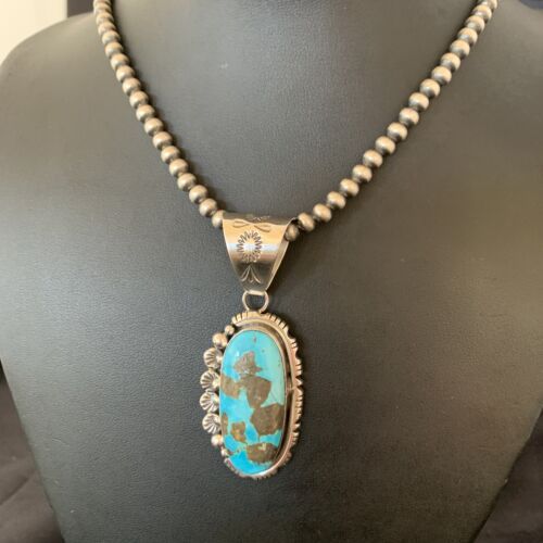 Navajo Pearls Necklace with Blue Kingman Turquoise Pendant | Sterling Silver | Authentic Native American Handmade | 10766