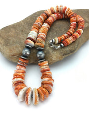Orange Spiny Oyster Navajo Sterling Silver Necklace | Graduated | Authentic Native American | 26" | 2623