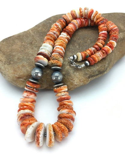 Orange Spiny Oyster Navajo Sterling Silver Necklace | Graduated | Authentic Native American | 26" | 2623