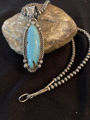 Men's Blue Kingman Turquoise Pendant | Navajo Pearls Sterling Silver Necklace | Authentic Native American Handmade | 01071