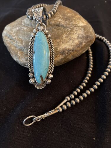 Men's Blue Kingman Turquoise Pendant | Navajo Pearls Sterling Silver Necklace | Authentic Native American Handmade | 01071