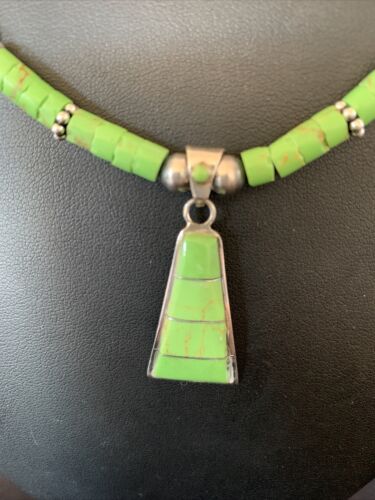 Native American Navajo Sterling Silver Necklace | Green Gaspeite Inlay Pendant | 12150