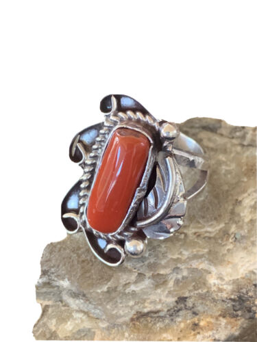 Navajo Red Coral Ring | Sterling Silver | Sz 9 | Authentic Native American Handmade | 01299 - Masha USA