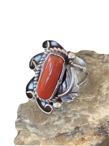 Native American Indian Navajo Red Coral Ring Sterling Silver Sz 9 1299 Sale