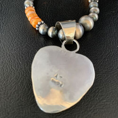 Navajo Orange Heart Spiny Oyster Pendant | Sterling Silver Necklace | Authentic Native American Handmade | 13946