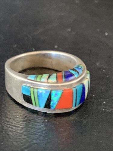 Multi-Color Navajo Sterling Silver Turquoise Spiny Oyster Inlay Ring Sz 6 | Handmade | 14169