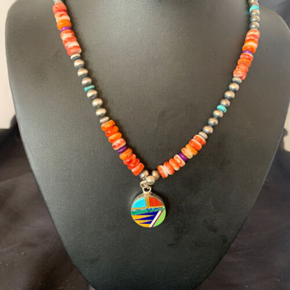 Multi-Color Turquoise & Spiny Oyster Inlay Necklace Pendant | Navajo Sterling Silver | Authentic Native American Handmade | 12721
