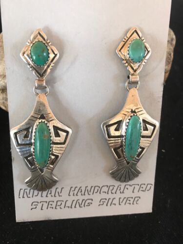 Hopi Turquoise Drop Dangle Earrings | Vintage Old Pawn Sterling Silver | Authentic Native American Handmade | 1123