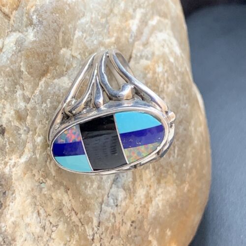 Navajo Turquoise, Lapis & Opal Inlay Ring | Sterling Silver | Sz 11.5 | Authentic Native American | 1487