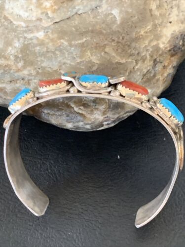 Navajo Sterling Silver Cuff Bracelet | Blue Kingman Turquoise & Coral | 5 Strand | Handmade | 12697
