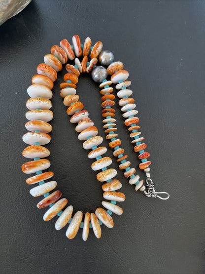 Authentic Native American Navajo Turquoise & Orange Spiny Oyster Necklace | Sterling Silver | Graduated | 22" | 10588