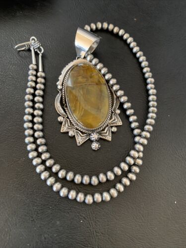 Men's Navajo Pearl Sterling Silver Necklace | Coffee Tiger's Eye Pendant | 11689