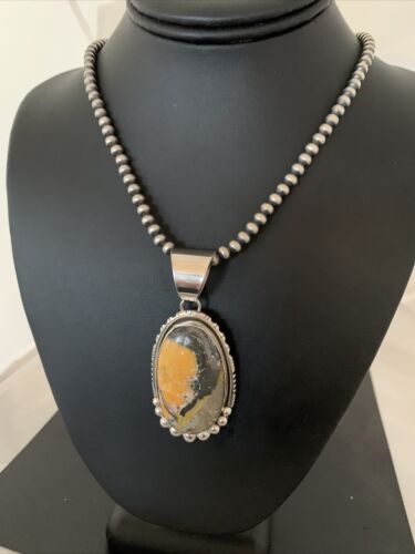 Navajo Pearls Sterling Silver Necklace | Bumblebee Jasper Pendant | Authentic Native American Handmade | 1649 - Masha USA