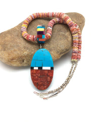 Authentic Native American Santo Domingo Multi-Color Spiny Sterling Silver Necklace with Inlay Pendant | 24" | 2915