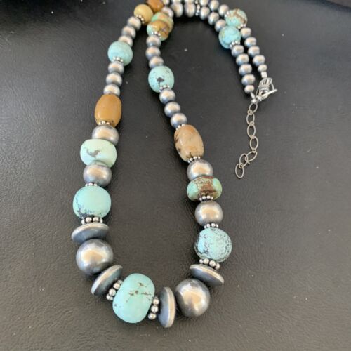 Navajo Pearl Dry Creek Turquoise Beads Necklace | Sterling Silver | 21" | Authentic Native American Handmade | 10980