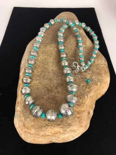 Navajo Pearls Turquoise Bead Necklace | Sterling Silver | 25" Single Strand | Southwestern | 00104