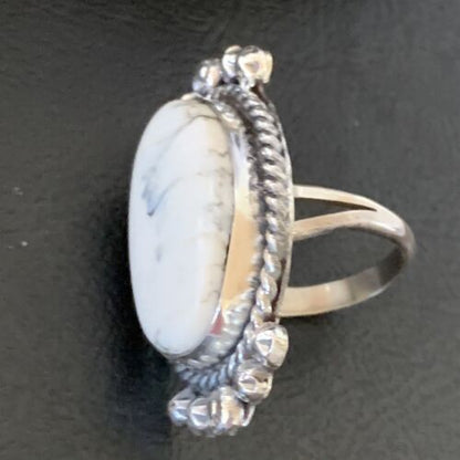 Navajo White Buffalo Turquoise Ring | Sterling Silver | Sz 7.5 | Authentic Native American Handmade | 13354