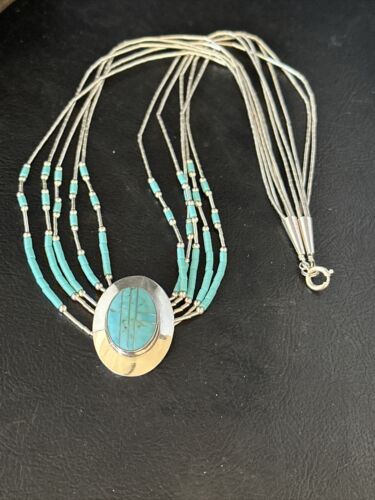 Liquid Silver Heishi 5-Strand Pendant Necklace | Sterling Silver | Turquoise | Navajo | 14820