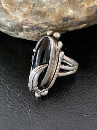 Native American Indian Design Black Onyx Ring | Sterling Silver | Sz 7 | 10797