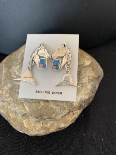 Native American Navajo Blue Lapis & Pink Opal Sterling Silver Horse Inlay Earrings 1" | 1513