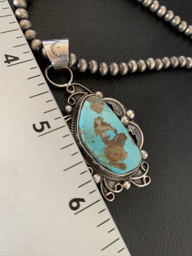 Men's Navajo Blue Dry Creek Turquoise Pendant | Sterling Silver | Pearl Necklace | Native American | 12973
