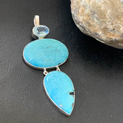 Navajo Blue Topaz Turquoise Multi-Stone Pendant | Authentic Native American Sterling Silver | 3.5" | 12024