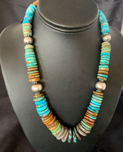 Navajo Blue Green Turquoise Necklace | Sterling Silver | Authentic Native American | 20" | 12910 | Graduated