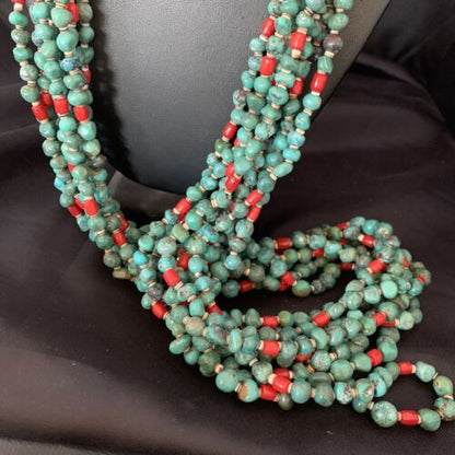 Men's Santo Domingo Blue Turquoise Coral Necklace | 36" Bead Nugget | Authentic Native American Handmade | 13185