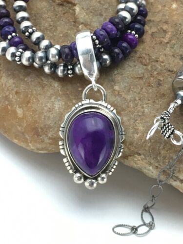 Navajo Pearls Sugilite Bead Necklace Pendant Set | 3-Strand Sterling Silver | 21" | 2885