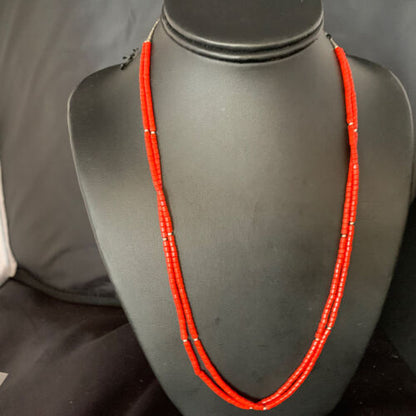 Navajo Red Coral Liquid Heishi Necklace | 2 Strands Sterling Silver Tubes | 22" | Authentic Native American Handmade | 768