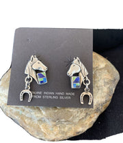 Navajo Blue Lapis & Turquoise Horse Inlay Earrings | Sterling Silver | 1" | Authentic Native American Handmade | 1514