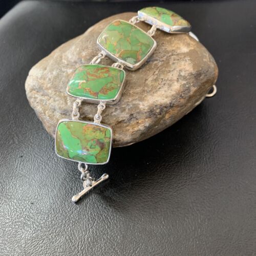 USA Navajo Green Mohave Turquoise Sterling Silver Link Bracelet 8 Gif 11641