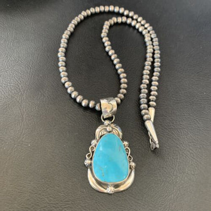 Men's Navajo Pearls Necklace with Blue Kingman Turquoise Pendant | Sterling Silver | Native American Handmade | 12599 - Masha USA