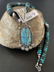 Men's Navajo Spiderweb Kingman Turquoise Pendant Necklace | Sterling Silver | Native American Handmade | 01975