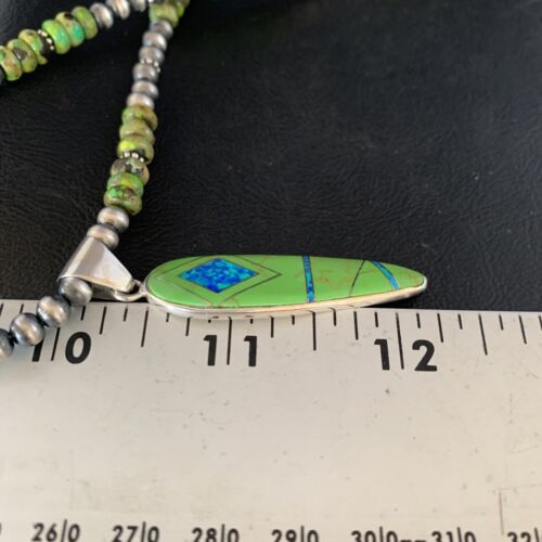 Navajo Green Turquoise Gaspeite Inlay Necklace | Sterling Silver | Authentic Native American Handmade | 13810
