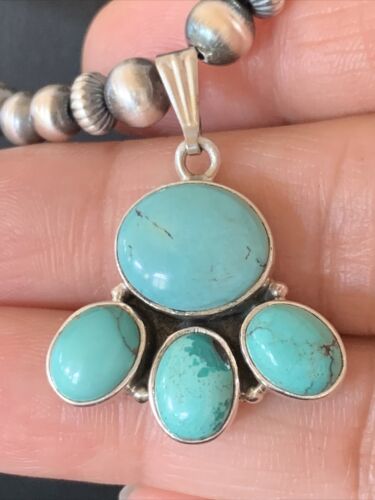 Navajo Pearl Necklace with Blue Cluster Turquoise Pendant | Sterling Silver | 12498