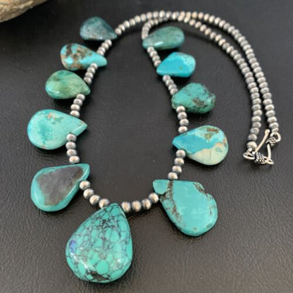 Southwestern Navajo Pearls Necklace | Sterling Silver | Blue Turquoise Teardrop | 13150