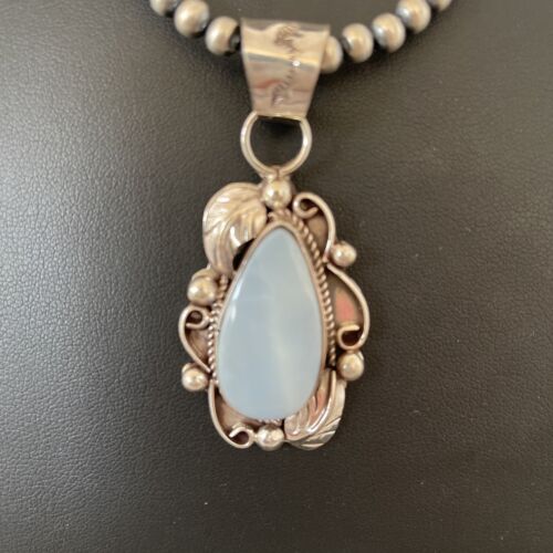Native American Men's Necklace | Navajo Sterling Silver Beads with Blue Larimar Pendant | 01364