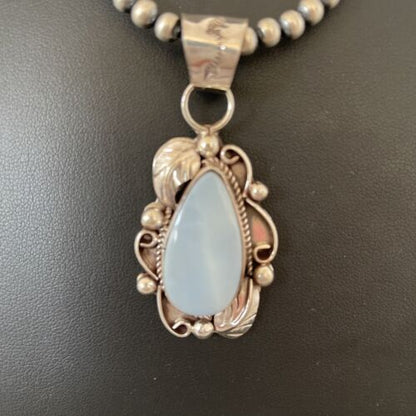 Native American Men's Necklace | Navajo Sterling Silver Beads with Blue Larimar Pendant | 01364