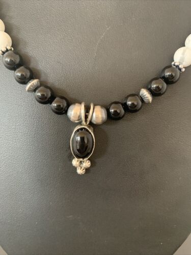 Navajo Black Onyx & White Buffalo Pendant Necklace | Sterling Silver | Authentic Native American Handmade | 01099