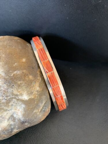 Navajo Native American Red Spiny Oyster Inlay Bracelet | Sterling Silver | Authentic Handmade | 1166
