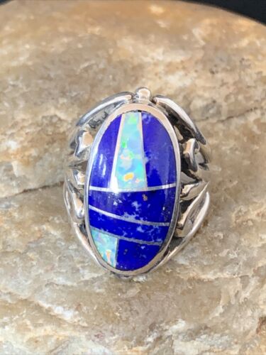Native American Navajo Lapis & Opal Inlay Ring | Sterling Silver | Sz 7 | 1484