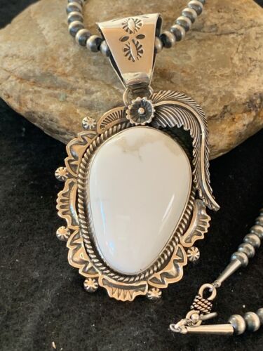 White Buffalo Turquoise Pendant Necklace | Navajo Sterling Silver | Authentic Native American Handmade | 4240