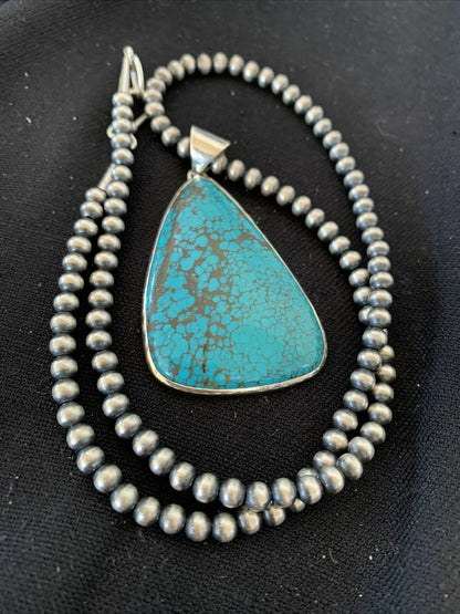 Navajo Pearls Sterling Silver Blue Spiderweb Turquoise Necklace Pendant | Men's Southwestern | 00918