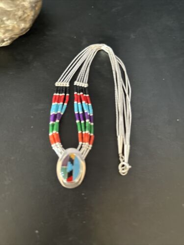 Multi-Color Liquid Silver Heishi 5-Strand Necklace | Sterling Silver Pendant | 14823